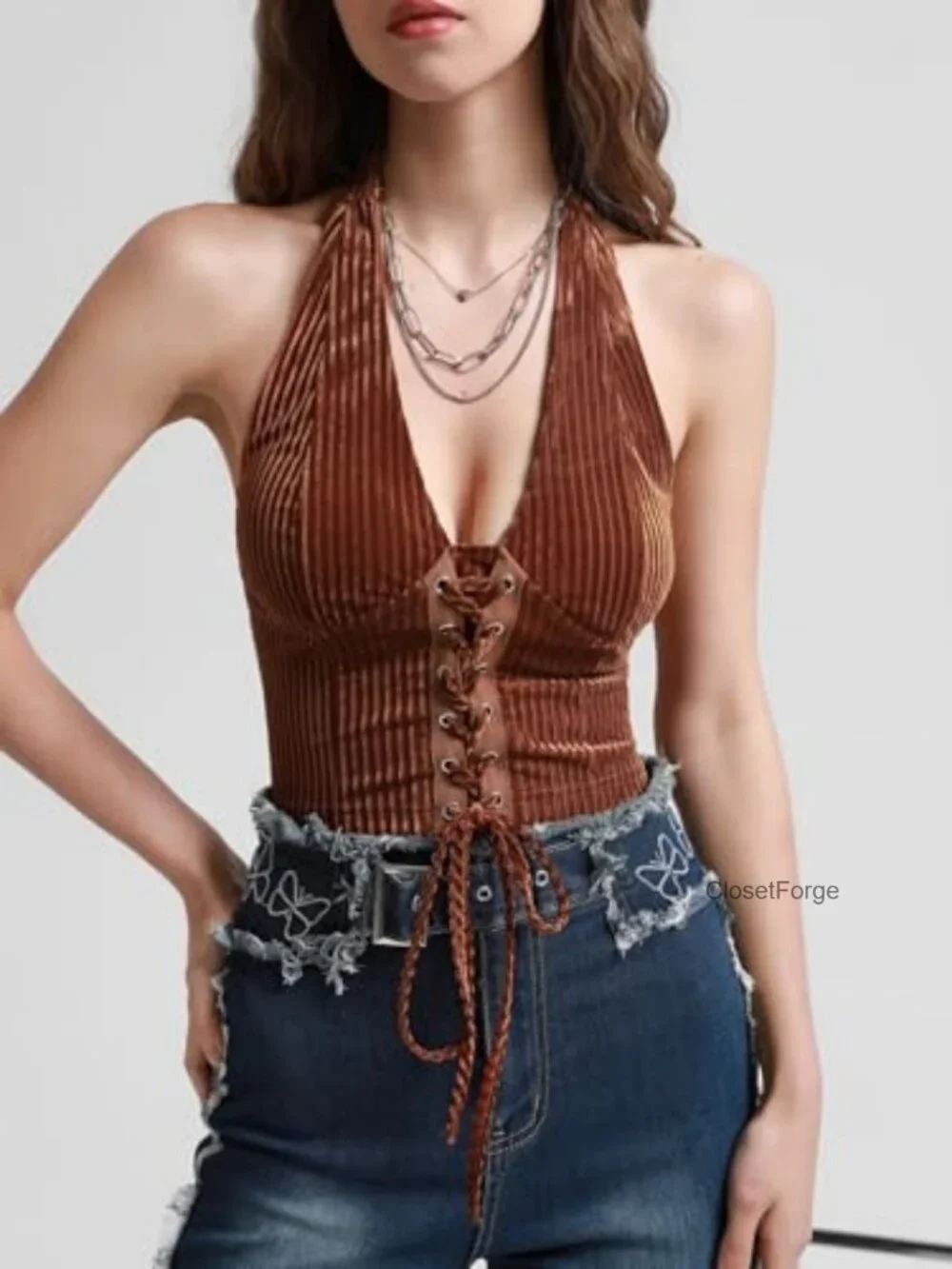 Women's Fitted Halter Corset Top Lace Up Backless Crop Stretchy Polyester Blend